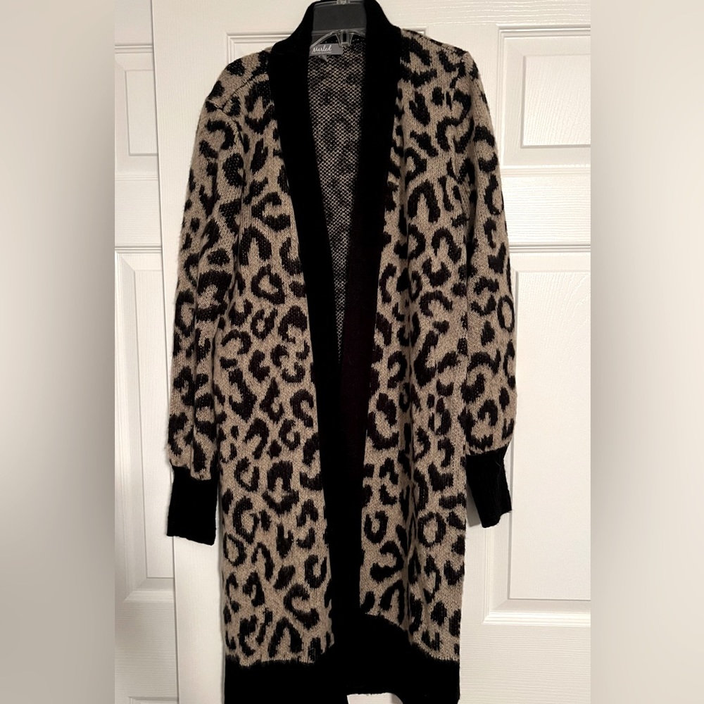 Long animal print open front cardigan